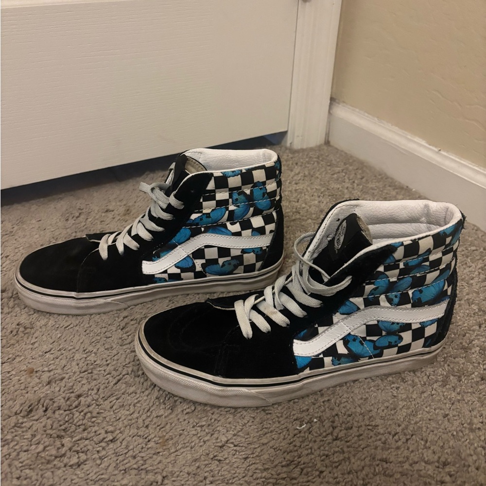 Black and Blue Checkered Butterfly High-Top Vans